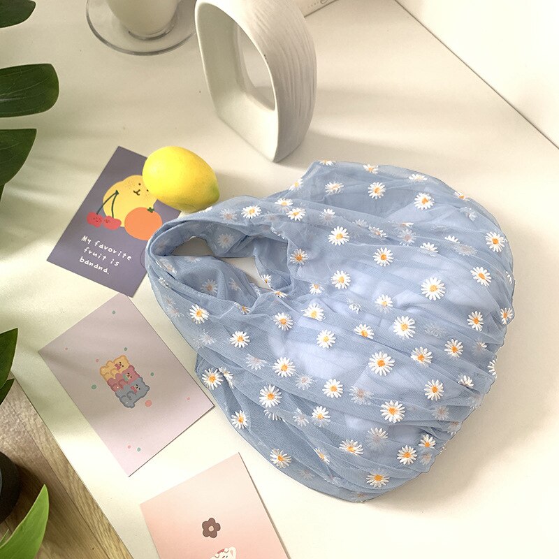 Women Embroidery Transparent Tote Mesh Storage Bag Daisy Organza Handbag Korea Girls Fruit Bag Purse