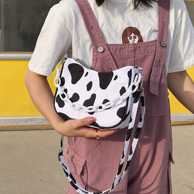 Kvinders lille skuldertaske ko mønster baguette pige messenger crossbody taske kvindelig vintage søde kædetaske
