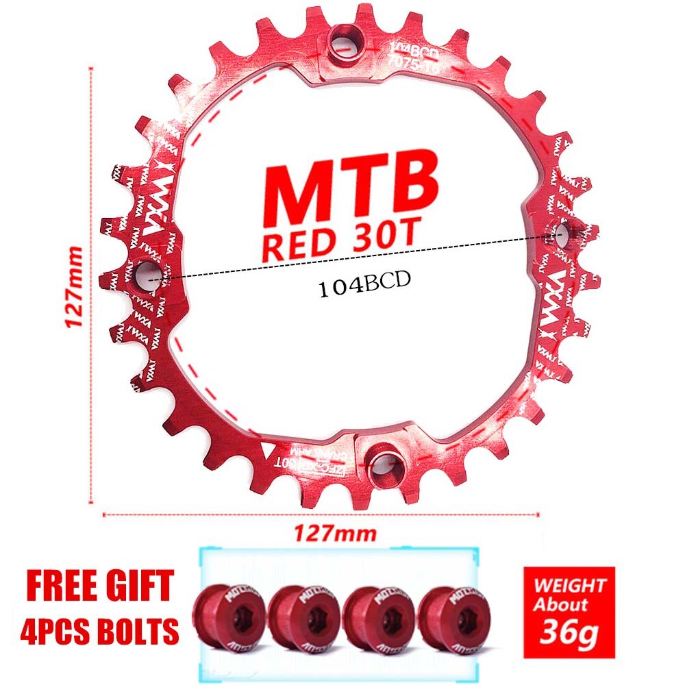 Vxm fiets 30t kettingbladen 104 bcd mountainbike kettingblad smal breed mtb single speed fiets kettingblad gekleurde fietsbouten: Ronde 30t rood