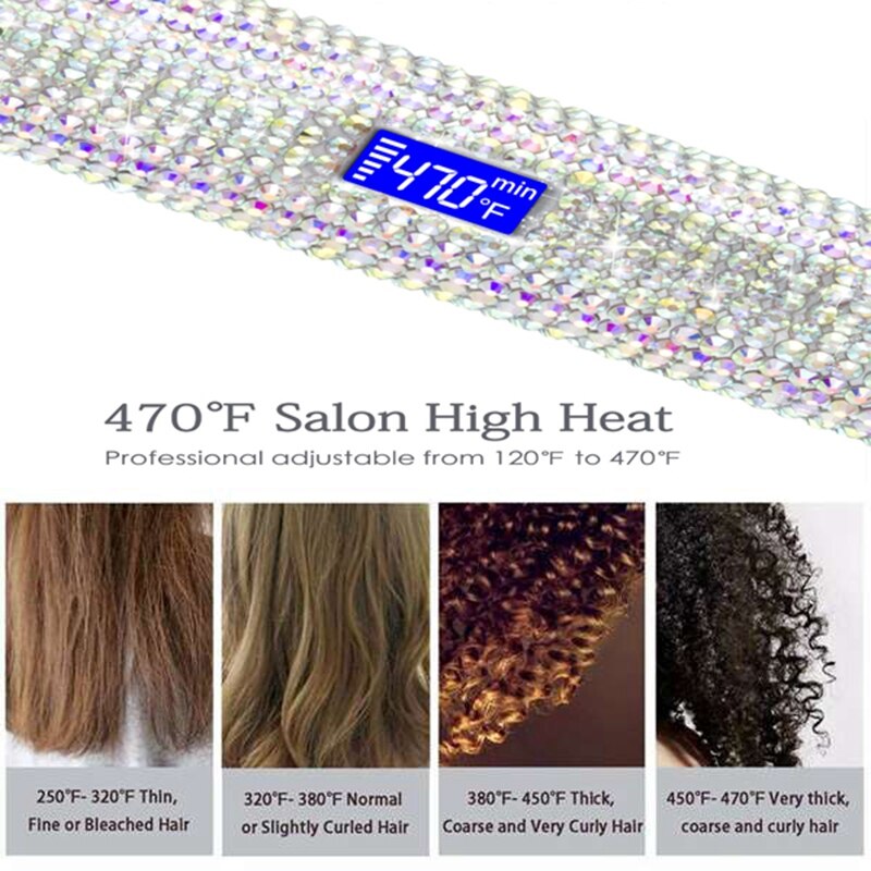 US Plug Crystal Hair Flat Iron Titanium Plate Diamond Hair Straightener Hair Styling Tools LCD HairdressingFlat Iron 470F Ti
