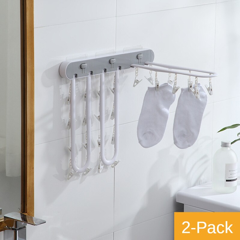 Stendibiancheria per uso domestico calzini multi-clip punch-libero appeso al muro appeso a parete balcone pieghevole stendino per bagno: grigio 2 pezzi