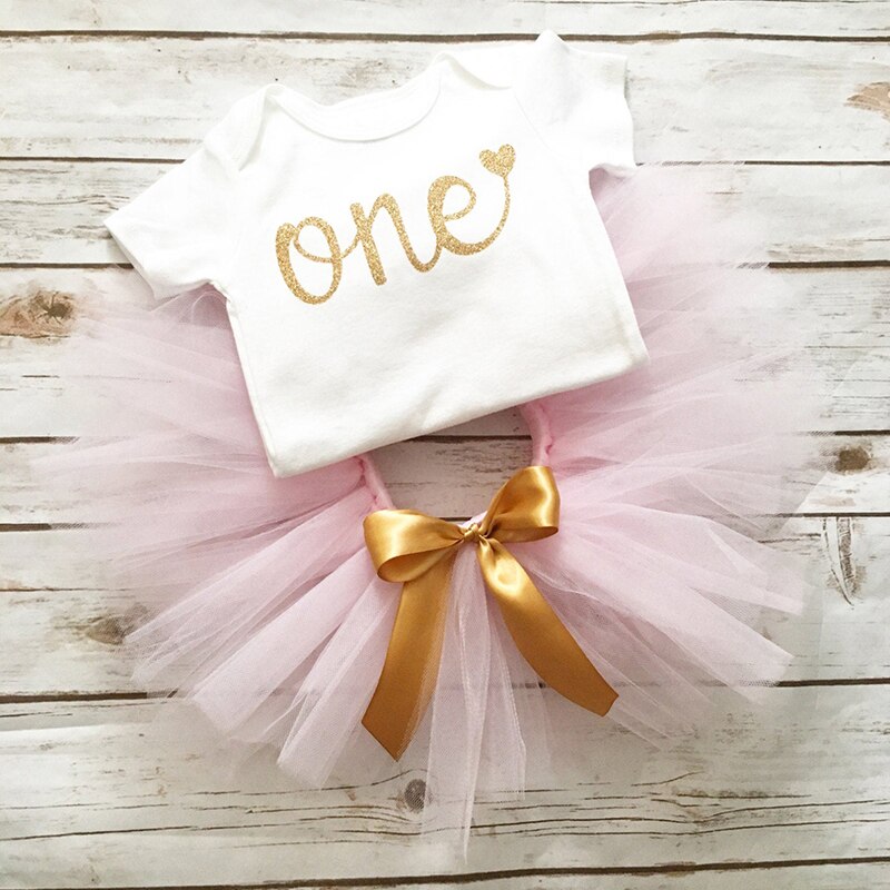 En fødselsdagsfest kjoler outfits til 1 år baby pige dåb tutu kjole nyfødt 1st fødselsdag 3 stk dåb slid tøj