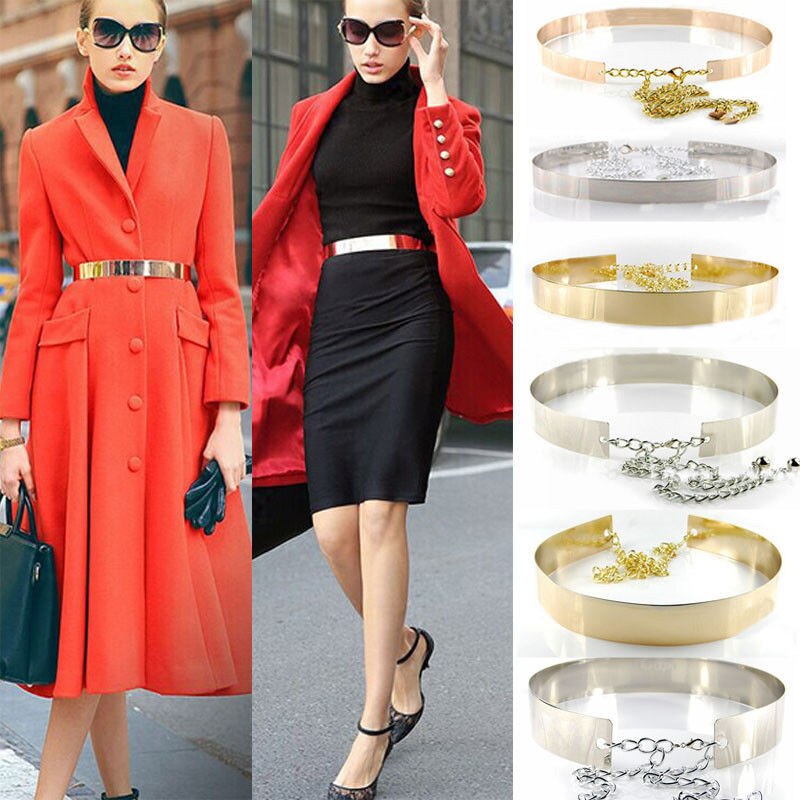 Womens Gold Plate Full Metal Mirror Waist Belt Metallic With Chains Belt