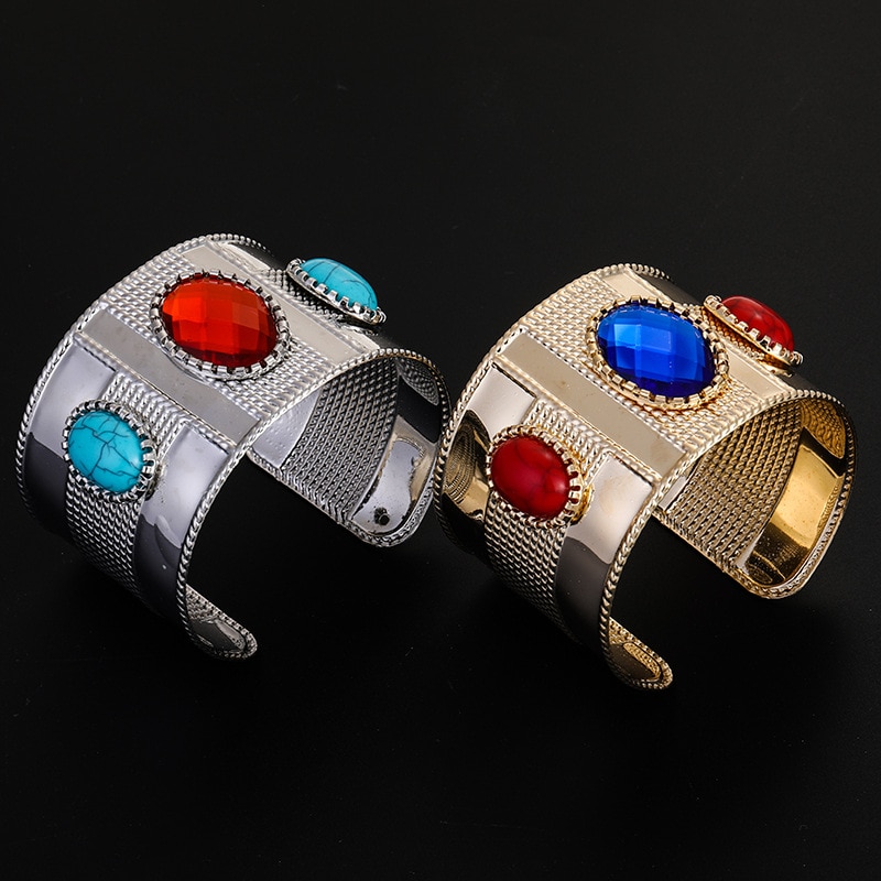 Lzhlq 2020 nova mulher de metal banhado a largura bangle maxi abertura redonda azul pedra jóias pulseira na moda geométrica oco manguito bangle