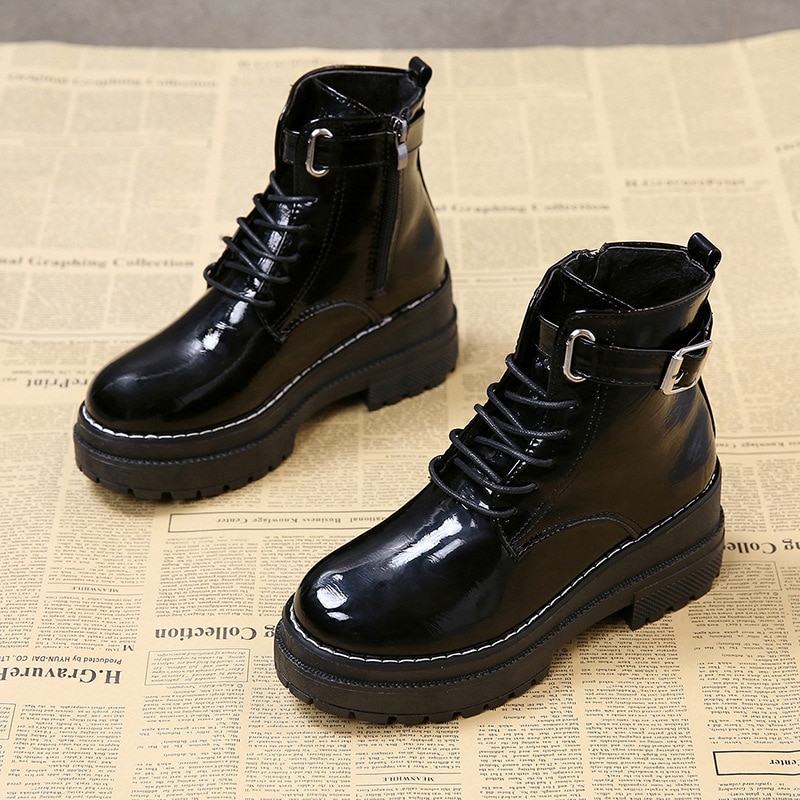 Mujer Platform Shoes Women Punk Black Gothic Ankle Boots Womens Platform Wedge Lace Up Motorcycle Boots: Black / 6