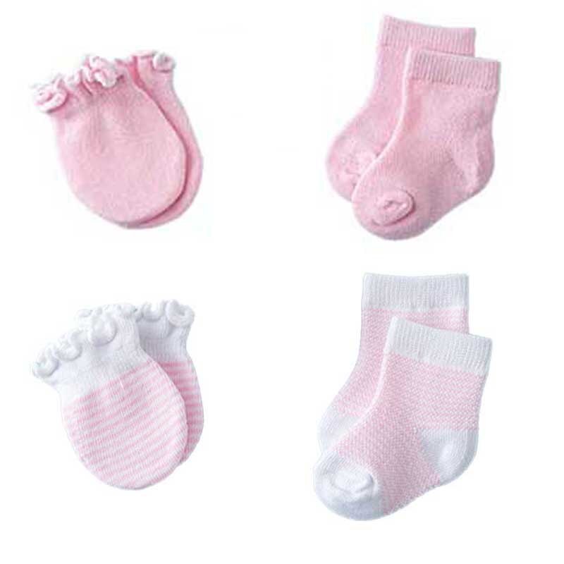 4Paare Neugeborenen Anti kratzen Baumwolle Weiche Handschuhe + Warme Baby Socken setzt Einfarbig Jungen Mädchen Fäustlinge Anzüge: P