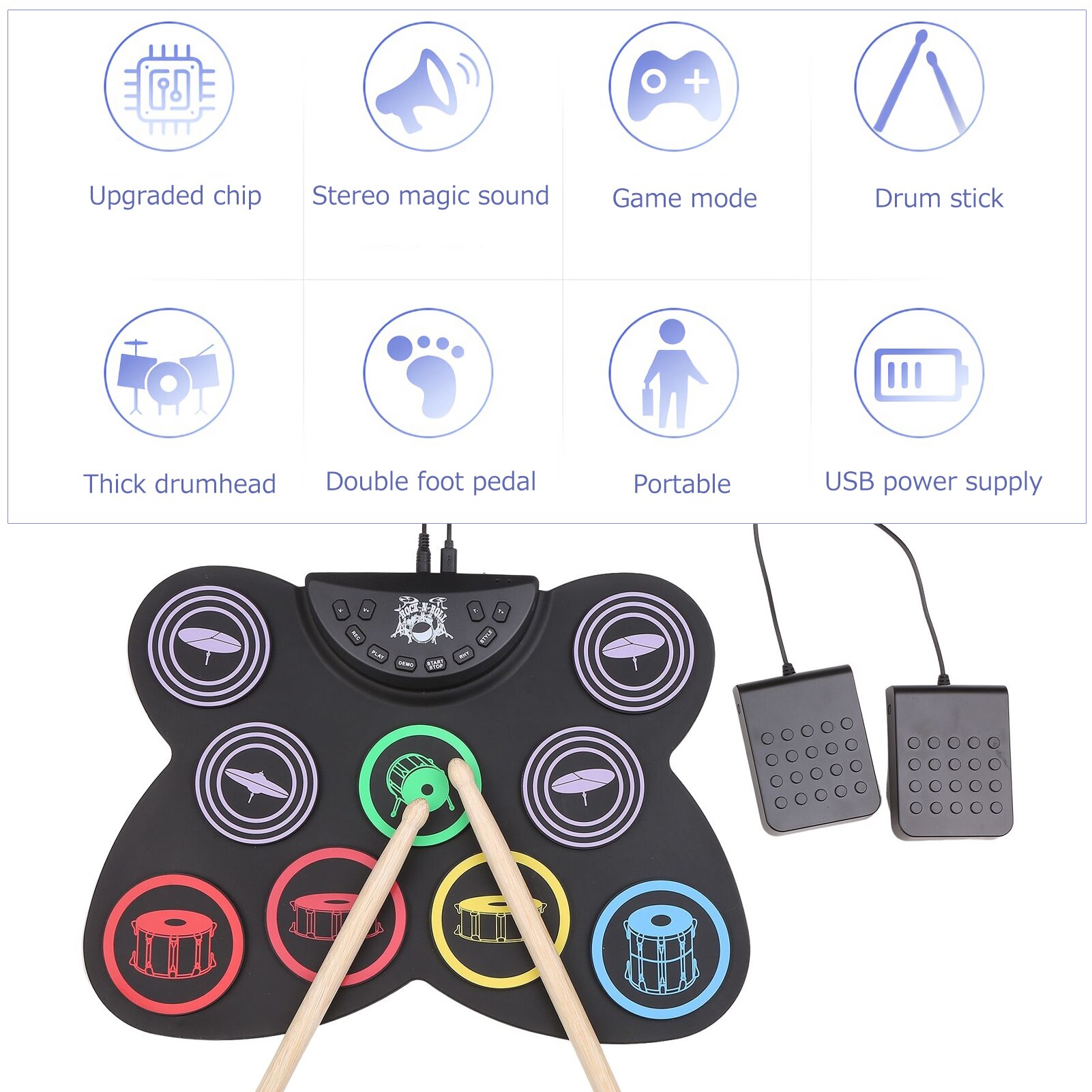 Kit de batterie pliable Portable en Silicone, ensembles électroniques pliants avec 9 tampons Durm, baguettes, pédales de pied pour débutant