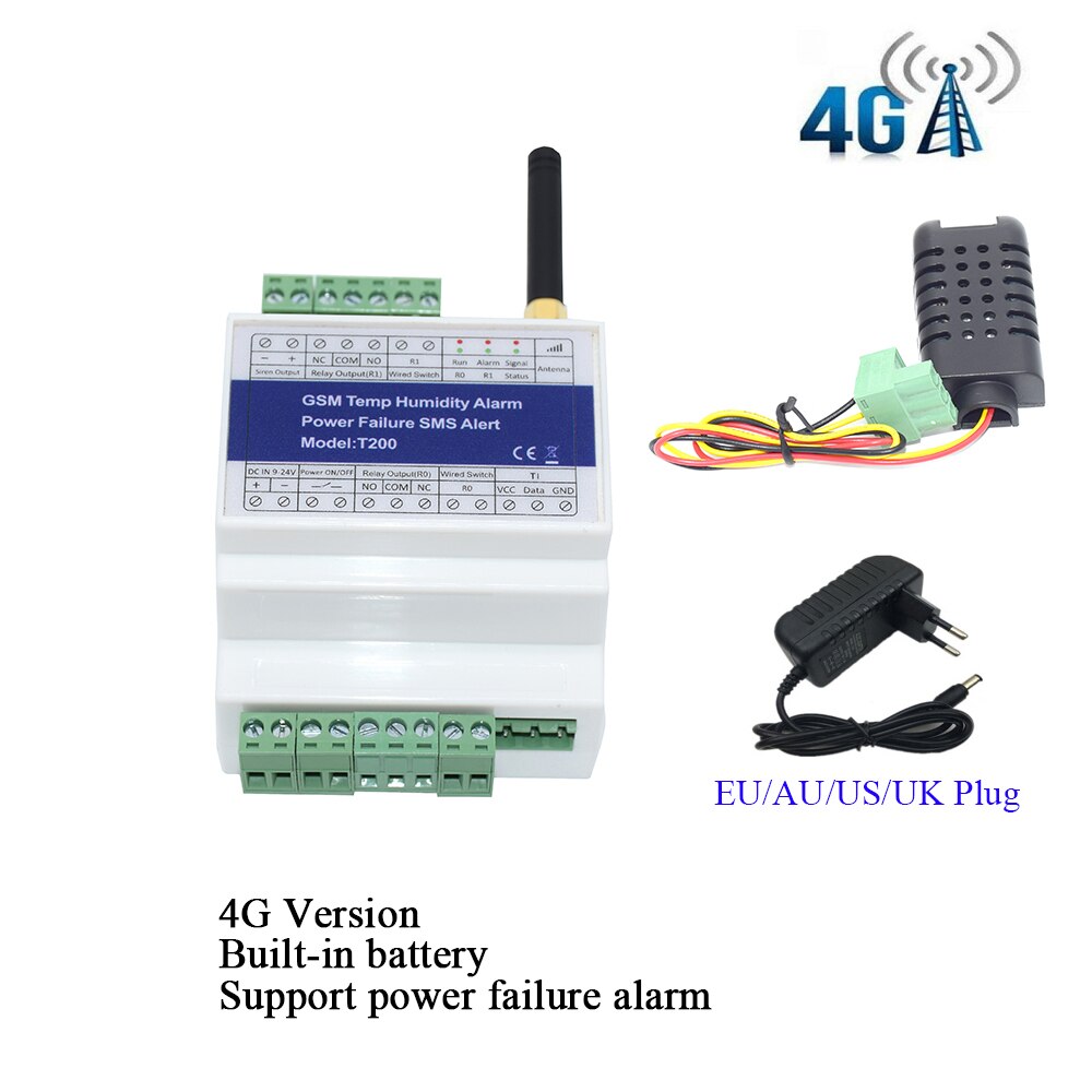 Control remoto DIN-rail GSM 4G SMS, Monitor de estado de humedad y temperatura, alarma con 2 salidas de relé, recordatorio de alarma de fallo de potencia