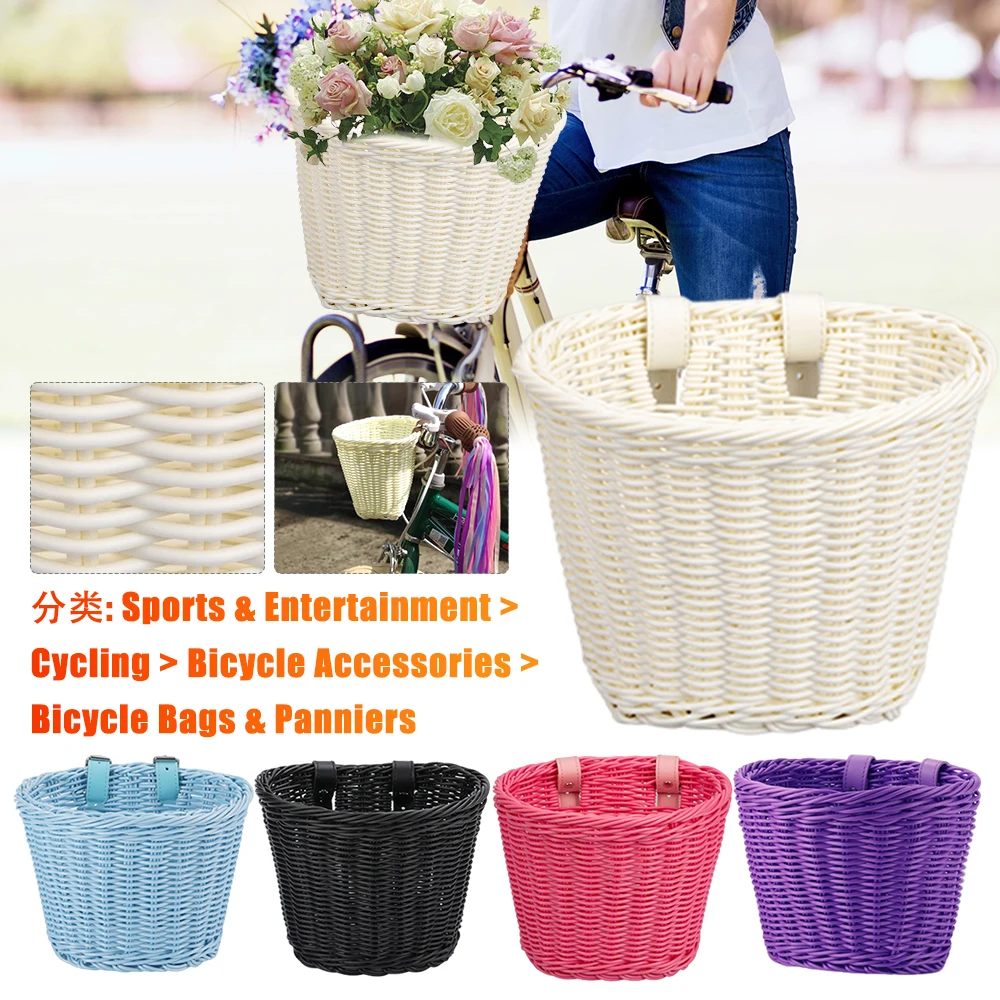 Woven Bicycle Basket Childrens Bike Front Handlebar Baskets Scooter Front Storage Pouch Foldable Removable Bicycle Bag & Pannier