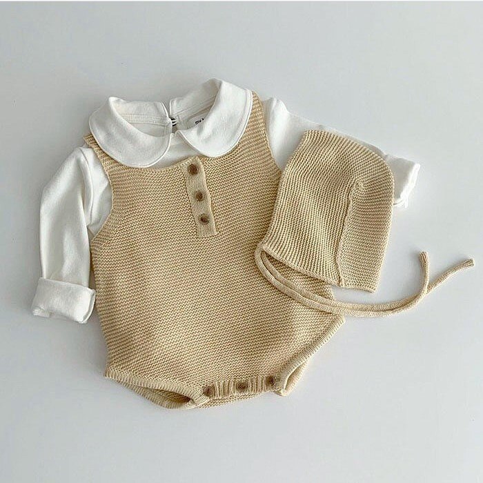 Herfst Baby Jongens Meisjes Gebreide Candy Kleur Mouwloze Bodysuit Met Caps Zuigelingen Katoen Warm Overall