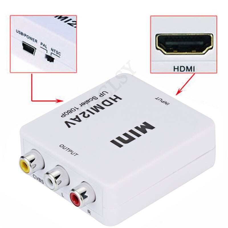 FGCLSY-convertidor HDMI a AV, adaptador escalador HDMI a RCA AV/CVSB L/R Video 1080P mini HDMI2AV compatible con NTSC y PAL