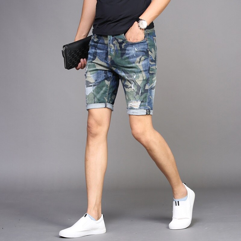 Shorts heren gescheurde denim camouflage jeans zomer dunne stretch rechte korte jeans streetwear knielange broek: 36