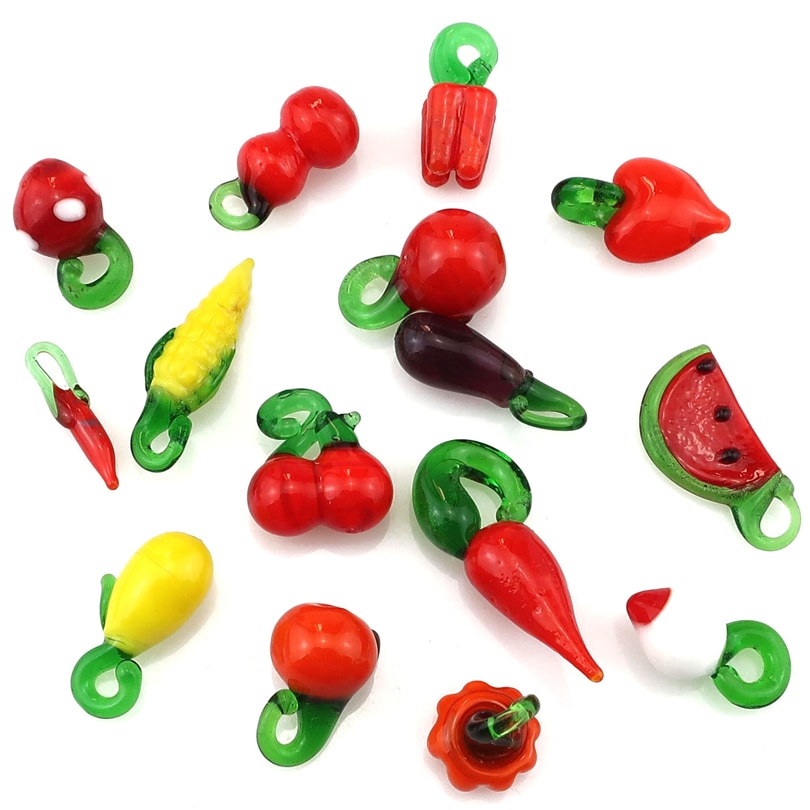 Assortiment de Fruits et légumes en verre pour femmes, 20 pièces/lot, mélange de Styles, breloques, fabrication de perles alimentaires vertes, boucles d'oreilles, bijoux, bricolage