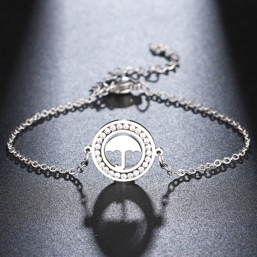 CACANA 316L Stainless Steel For Women Crystal Bracelet Simple Umbrella Round Bracelets Gold Color Engagement Jewelry