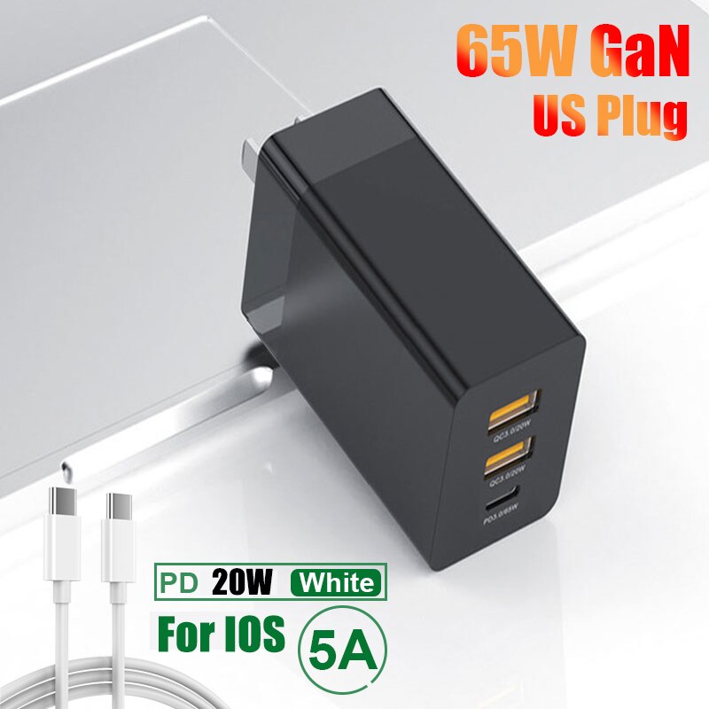 65W GaN Super rápido de carga/UK/AU/EU/US Plug Quick Charge 4,0 de 3,0 USB C cargador para iPhone 12 11 Pro X XS X MAX XR 8 SE: White / US-Cable