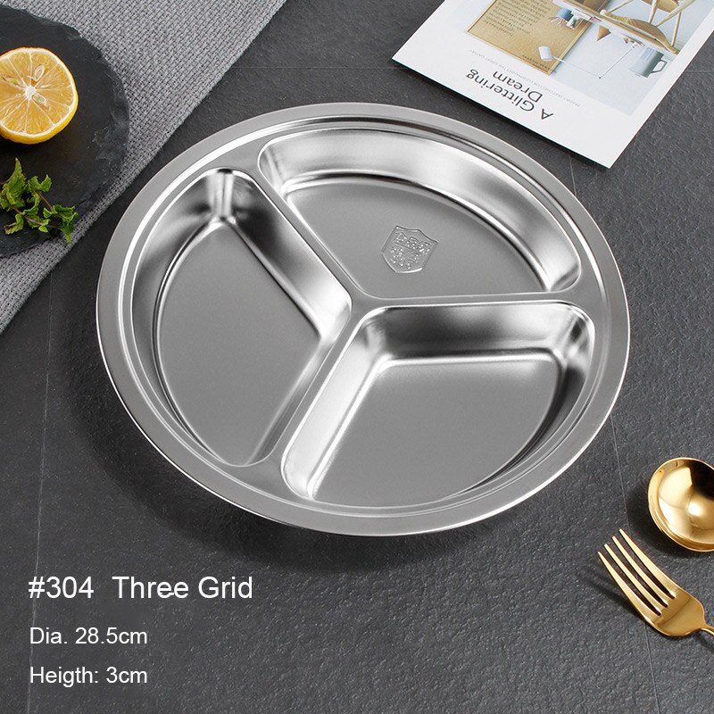 304 Stainless Steel Plate Kindergarten Plate School Adult Dishes Plate Round Shape Dining Restaurant Tray: 28.5cm Three Grid