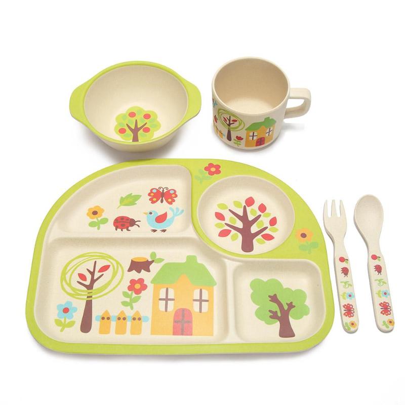 Juego de 5 unidades de platos y cucharas ecológicos de fibra de bambú para bebés, juegos de vajilla con 4 ranuras para niños, vajilla de platos para bebés y niños: a