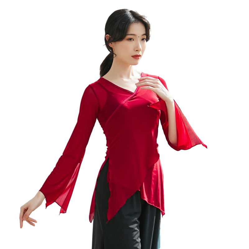 Klassiek Dansshirt Sexy V-Hals Body Rijm Transparant Gaas Jurk Vrouwen Chinese Folk Danser Performance Kostuum Lange Mouw