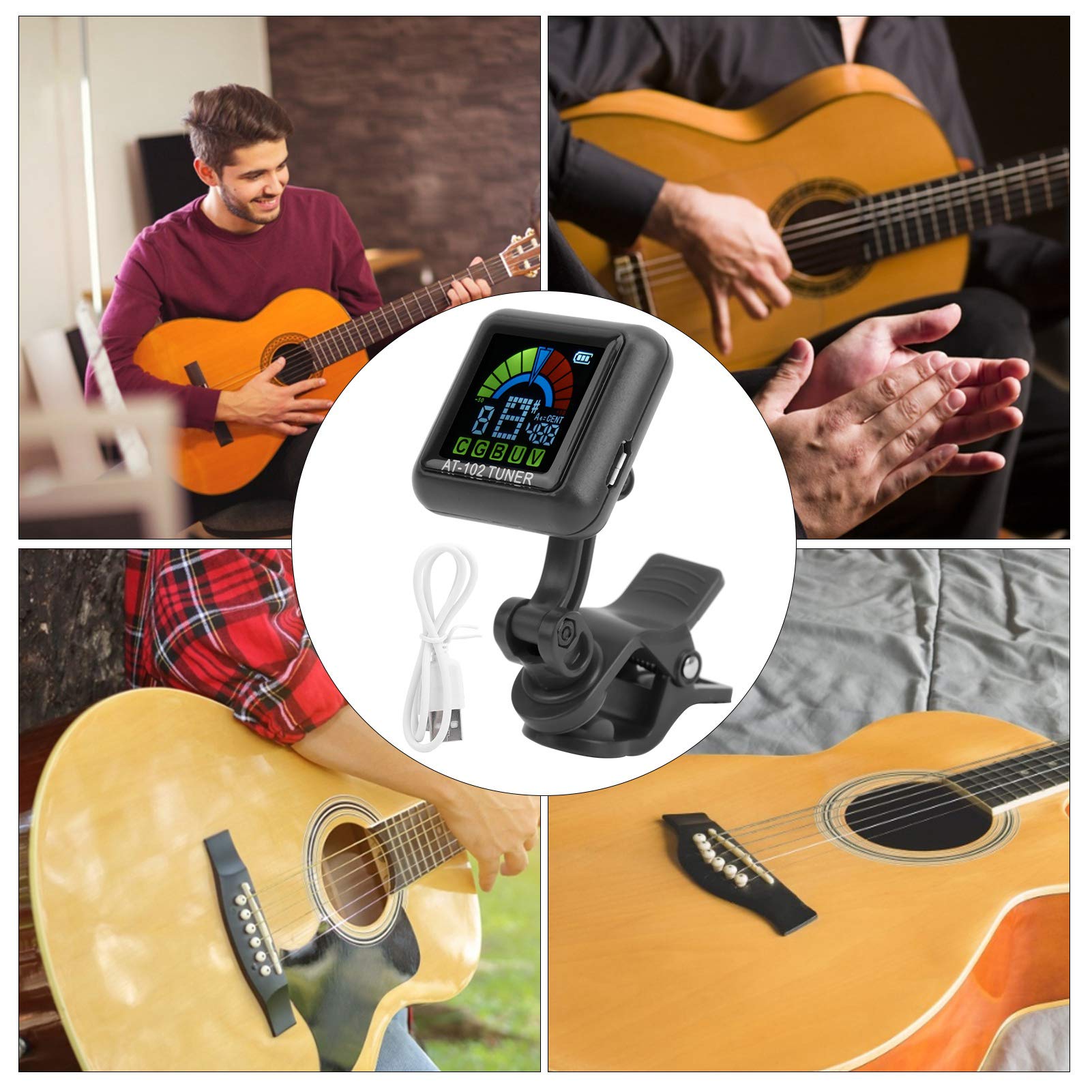 Accordeur de guitare aromatique, accordeur de violon accordeur de guitare à clipser USB rechargeable batterie intégrée accordeur de ukulélé pour violon AT‐102 noir