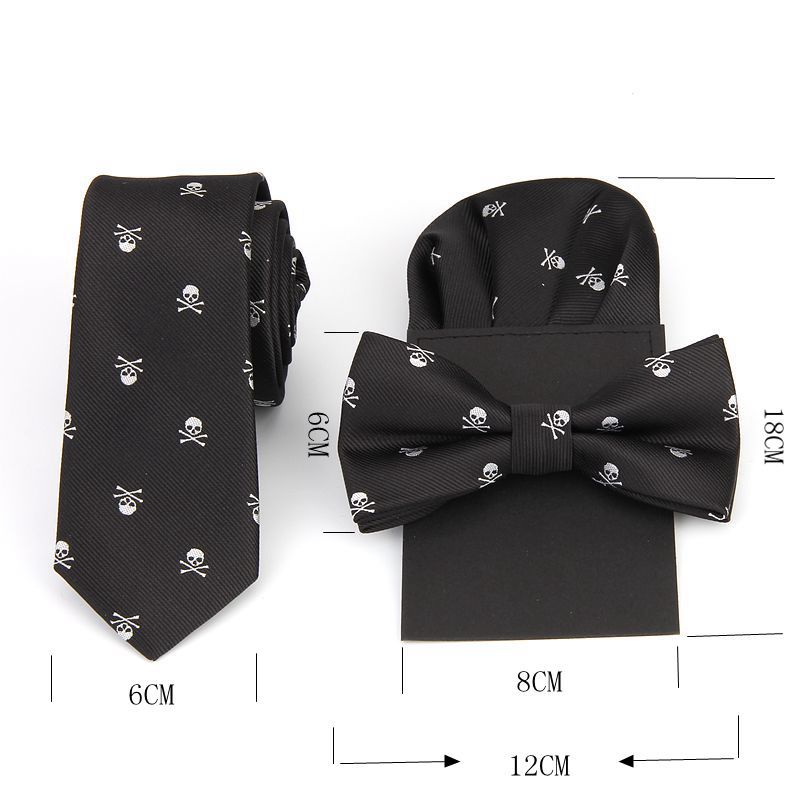 Men's tie bow tie handkerchief set skull hanky pocket square polyester bowknot butterfly wedding bowtie necktie prefold hankies