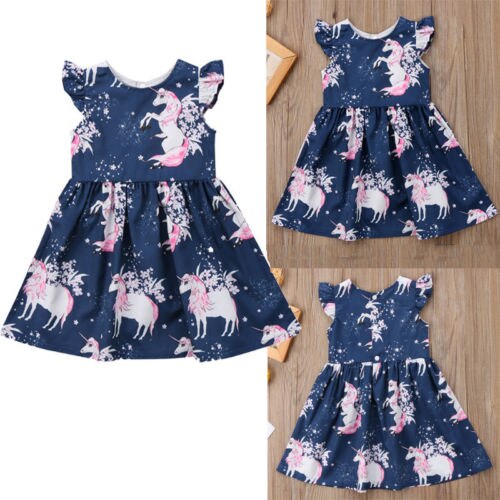 Vestido de verano con estampado de unicornio y mangas con volantes para niñas pequeñas