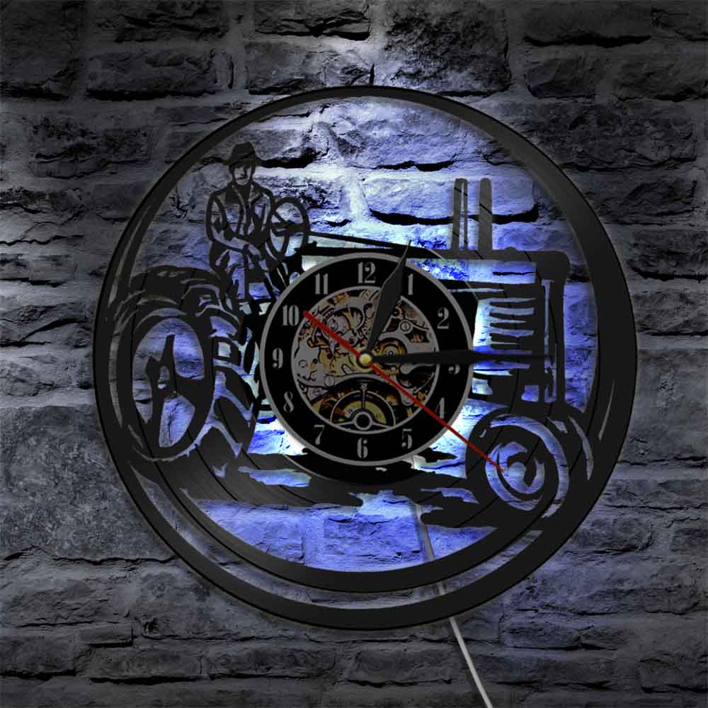 Farm Tractors Wall Clock Vintage Farmall Trucks Vinyl Record Wall Clock with LED Truck Tractor Farmhouse Home Decor Farmers