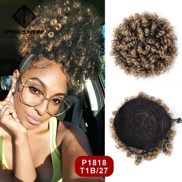 6inch Short Afro Puff Synthetic Hair Bun Kinky Curly Chignon Hairpiece For Women Drawstring Ponytail Updo Hair Extensions 1PC: P1818-T1B-27