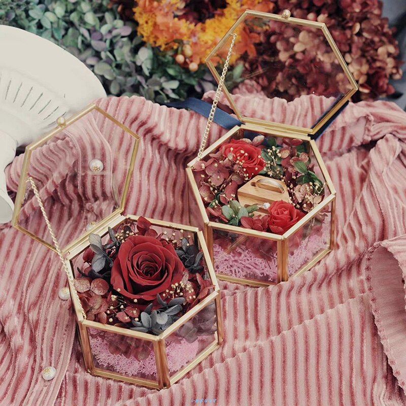 Desktop Sieraden Opbergdoos Vintage Geometrische Glas Comstics Make Organizer Diy Rose Flower Wedding Ring Vitrine