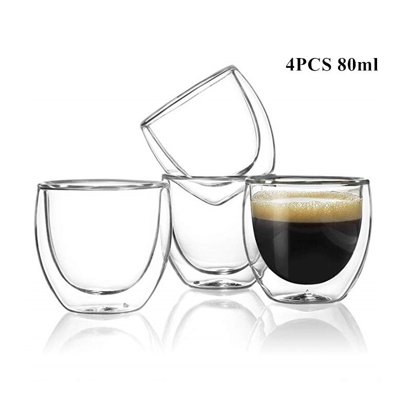 Double Wall Glass Clear Handmade Heat Resistant Tea Drink Cups Healthy Drink Mug Coffee Cups Insulated Shot Glass: 80ml 4PCS