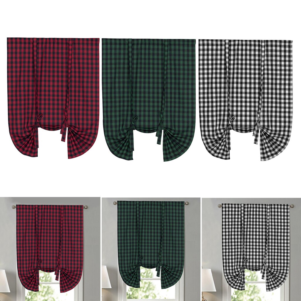 Tie Up Curtains for Windows, Buffalo Check Plaid Gingham Pattern Rod Pocket Adjustable Shades for Kitchen Windows Cafe Curtains
