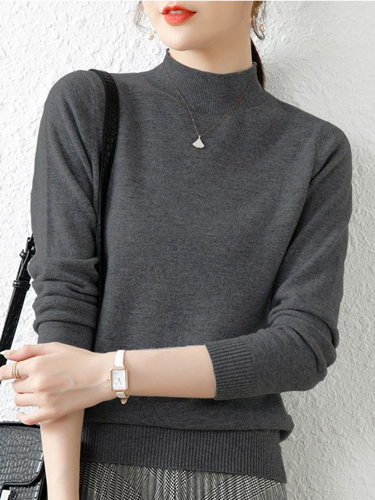 Outono inverno blusas inferiores moda feminina chique gola alta pulôver fino manga longa malha jumpers macio quente pull femme topo: CINZA