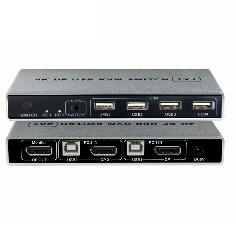 Displayport KVM Switch 4K/60Hz, conmutador de doble puerto DP 1,2 KVM, 2 en 4 salidas para compartir teclado de impresora, ratón (enchufe de la UE)