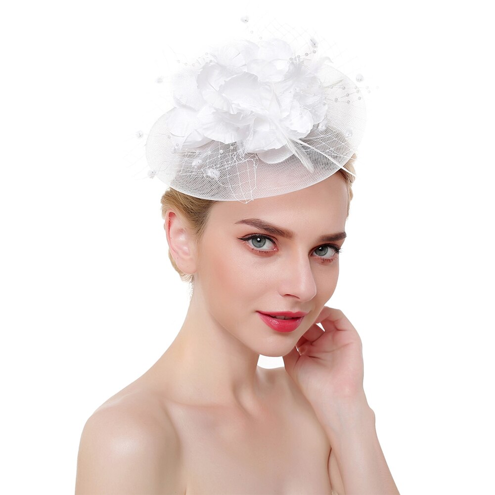 Cintas de malla con flores para mujer, tocado de plumas, sombrero, sombreros, diadema con pinza para el cabello, para la cabeza, cóctel, de té para niña: Blanco