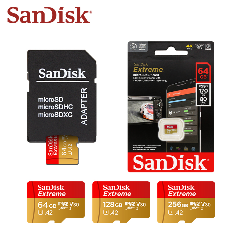 Sandisk Micro SD Card Original Extreme A2 V30 U3 SDXC Flash 32GB 64GB 128GB 256GB MicroSD Card 190MB/s TF Card for Phone Tablet