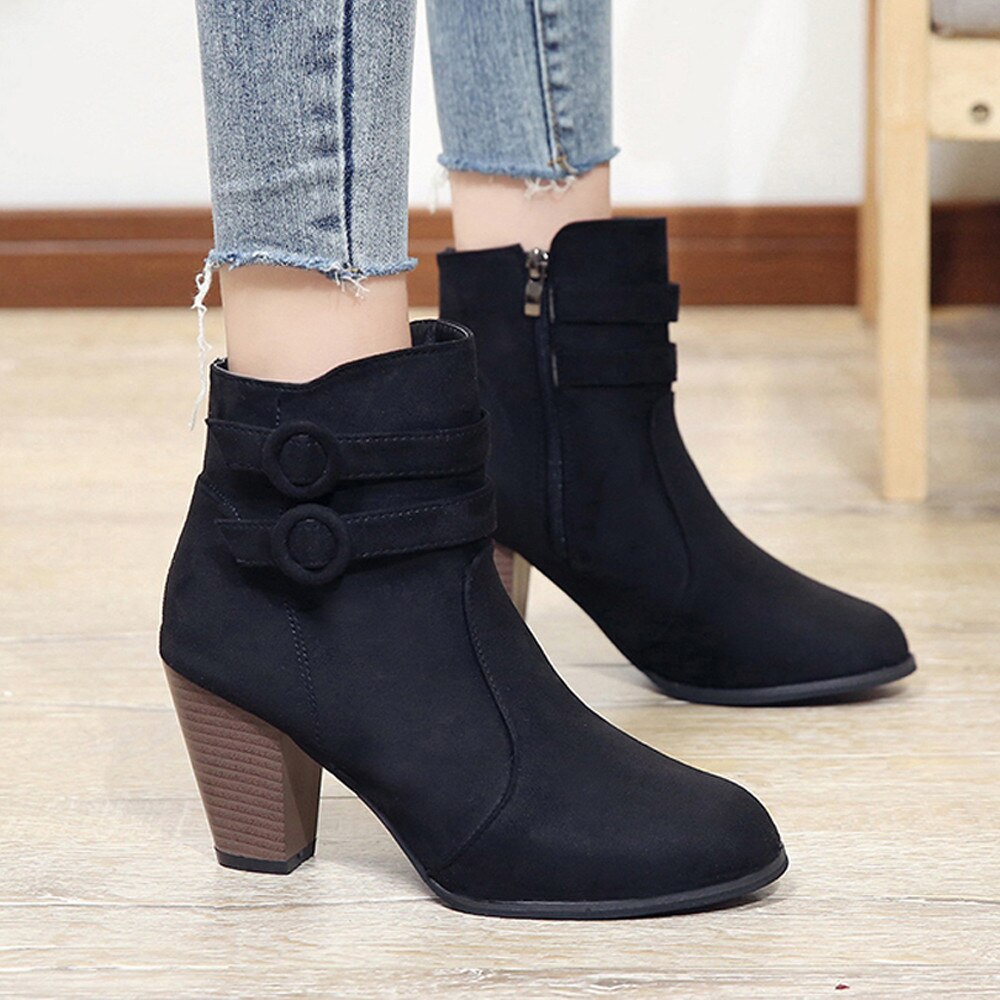 vrouwen Korte Laarzen Suede Winter Ridder Boot Gesp Mode Hoge Hak Enkel Schoenen Puntschoen Warm Bont etnische Botas