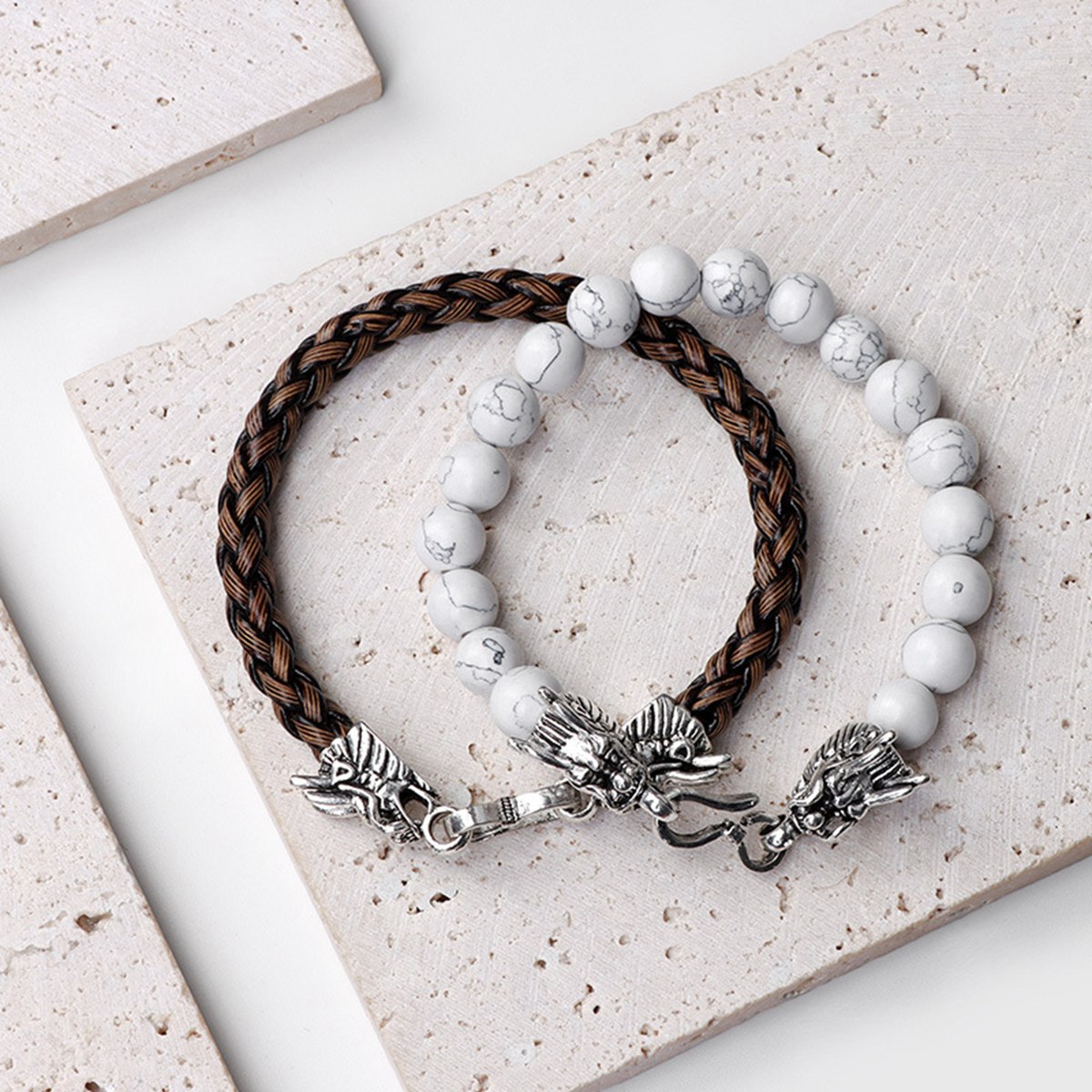 Heren Paar Lederen Edelsteen Kralen Armbanden Dragon Clasp Angst Stress Verlichting Healing Chakra 8Mm Ronde Kralen Set Sieraden