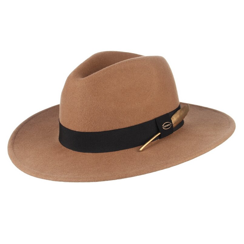 Gemvie 100%  uldfilt hat 3 farver stiv bred rand fedora til mand/kvinder stribet fjerbånd efterår vinter panama jazz cap: Kamel