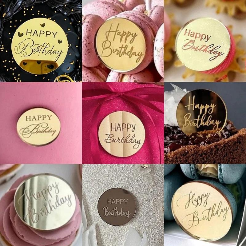 10 stück kuchenaufsätze „glücklich birthday“, goldfarbene, runde acryl-cupcake-aufsätze für kindergeburtstage, babypartys, tortendekorationszubehör
