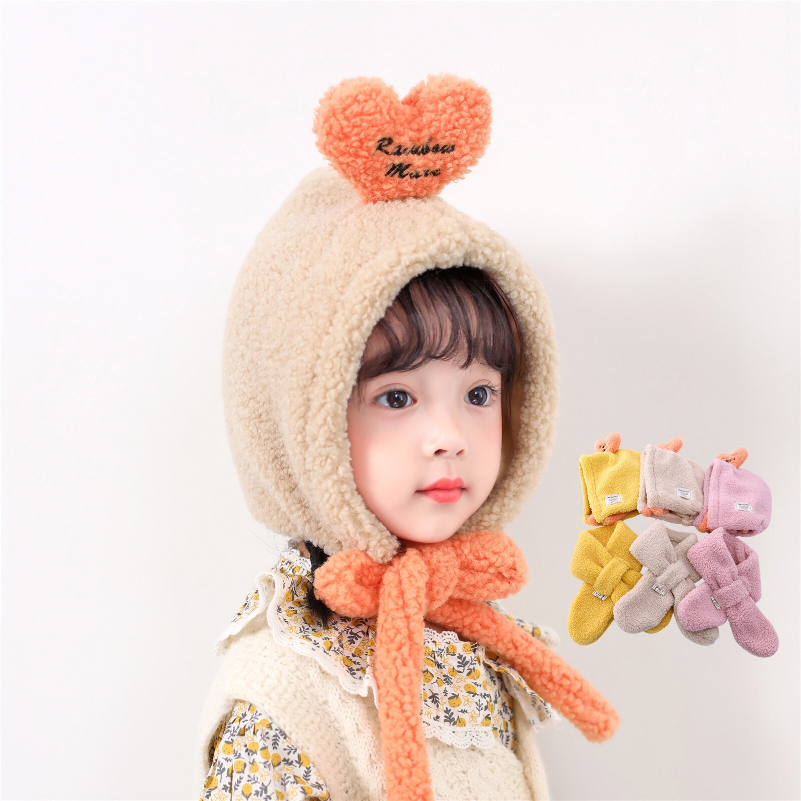 Girl's hat autumn winter ear cap children's scarf hat set foreign style baby lamb cashmere love tie up hat kids hats