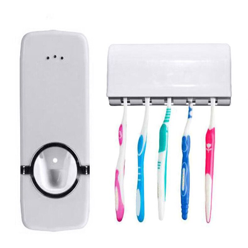 2 in 1 tandbørste sterilisator doven tandbørste holder automatisk tandpasta squeezer dispenser badeværelsestilbehør: Hvid