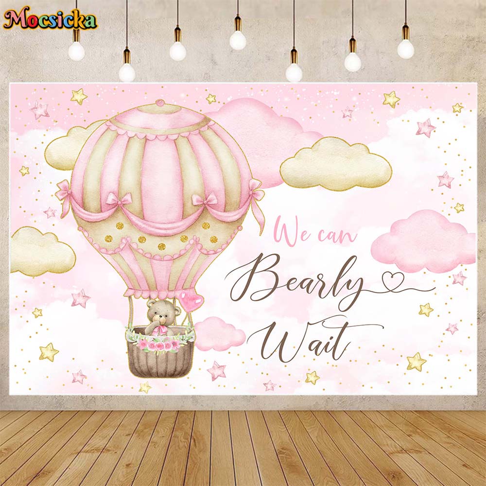 Mocsicka Baby Shower Achtergrond Roze Heteluchtballon Beer Meisje Welkom Feest Decoratie We Kunnen Bearly Wachten Foto Achtergrond Banner