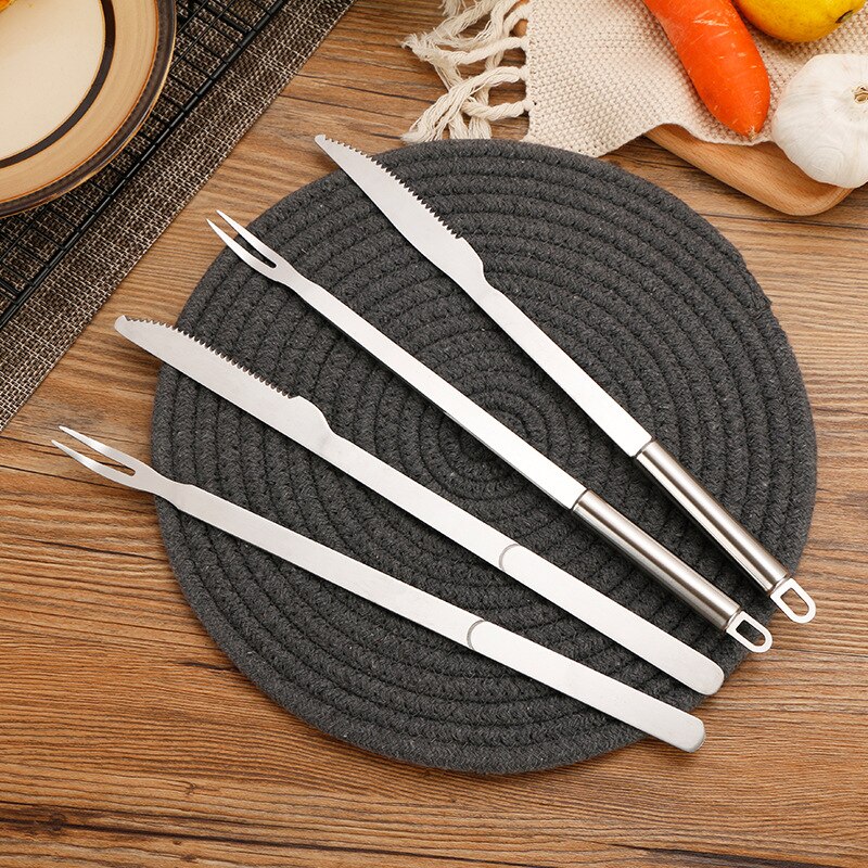 2 stk rustfrit stål grill kniv og gaffel bestik redskaber kød udskæringssæt bbq værktøj køkken, spisestue &amp; bar tb