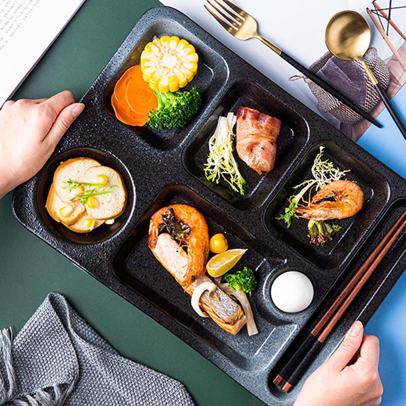 Japanese-style ceramic grid plate for one person dinner plate for separate meal system household divider plate adult tableware c