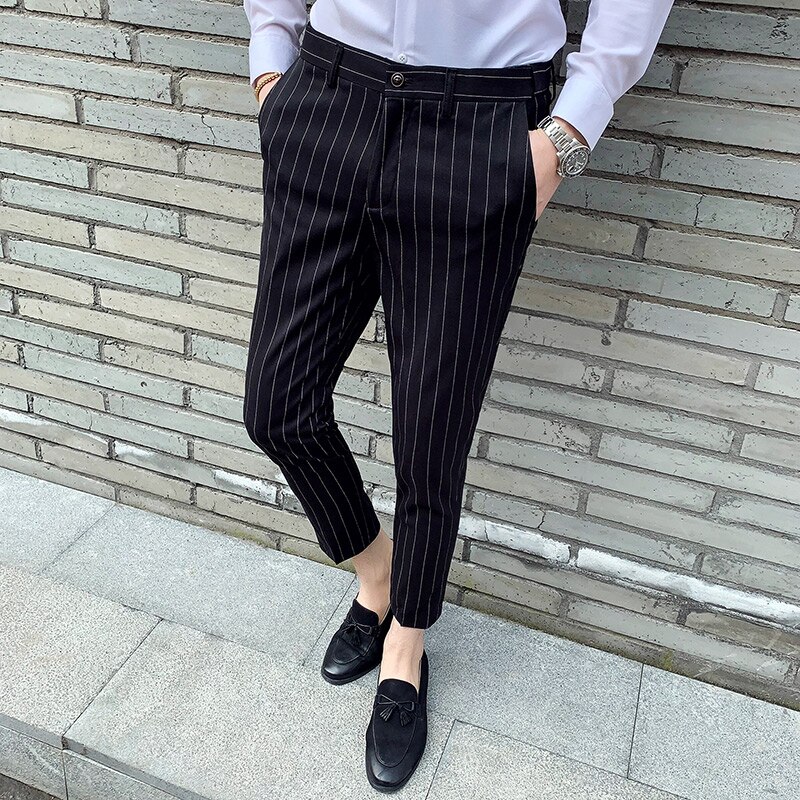 England herre stribede bukser slim fit gentleman jakkesæt bukser herre ankellange streetwear herre bukser bukser ternet homme pantalon: Sort / Xxl