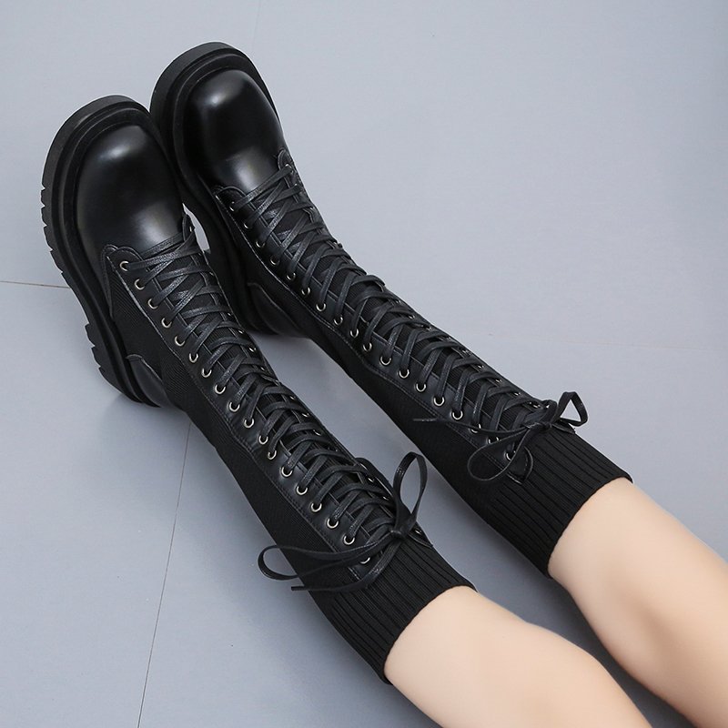 Herfst dames zwarte platform lange laarzen kruisgeknoopt patchwork schoenen elastische gebreide kniehoge laarzen dames