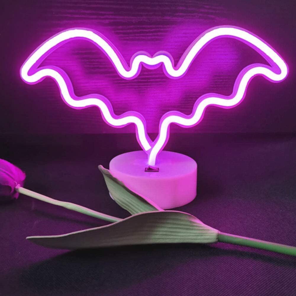 Led Neon Vleermuis Lichten Vleermuis Vorm Neon Borden Night Lights Desk Tafellamp Voor Slaapkamer Bar Muur Halloween Decor Met houder Base