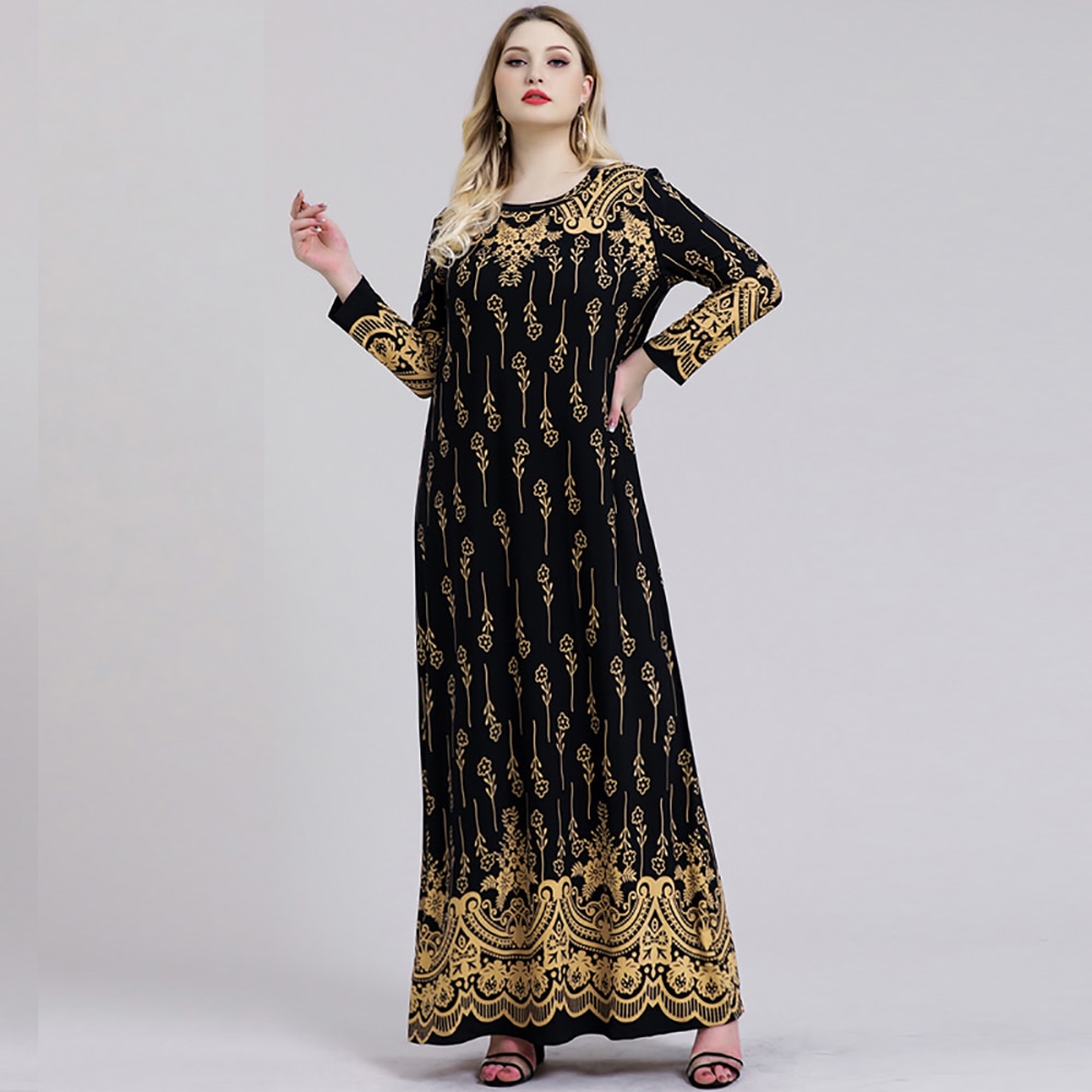 5XL grande taille Abaya robe musulmane femmes automne hiver à manches longues rétro imprimé Floral Maxi longue robe turque vêtements islamiques: Black / 5XL