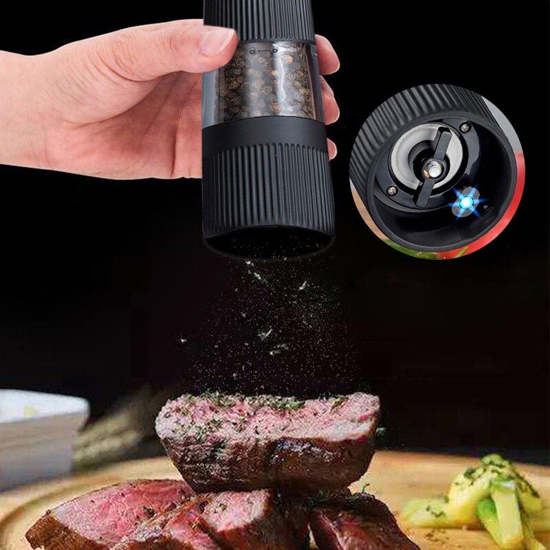 Pepperkvern i rustfritt stål, elektrisk salt- og pepperkvern, krydderkvern, pepperkvern med lett lett kjøkkenutstyr, tilbehør