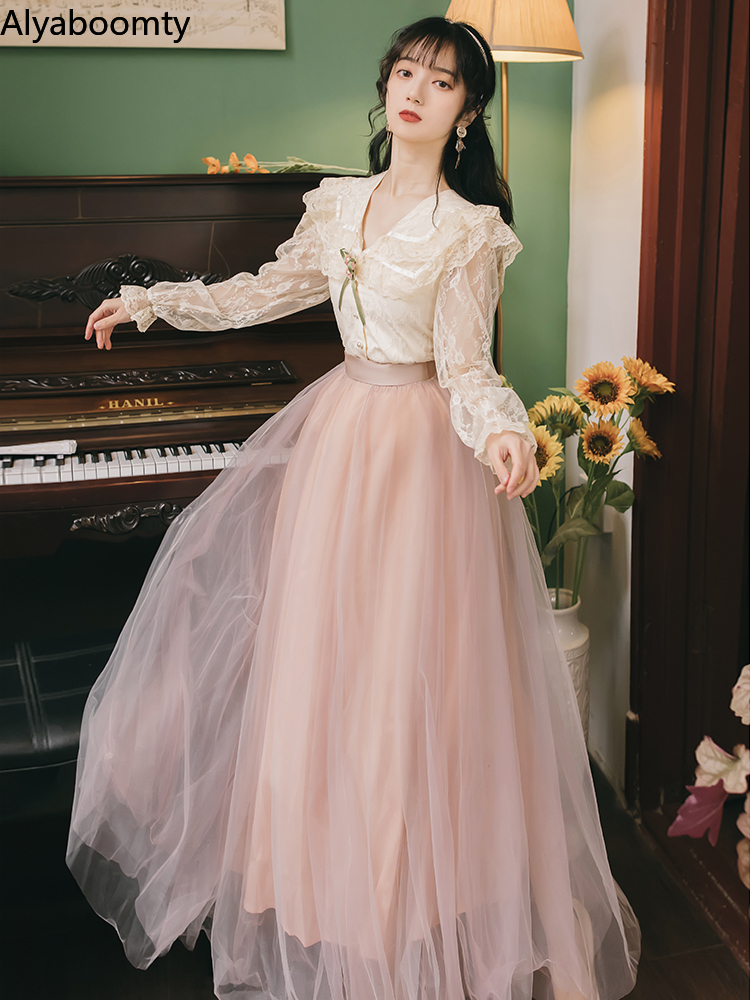 2022 Mori Girl Spring Autumn Women 2 Pcs Set Turn-Down Collar Sweet Lace Top+Pink Mesh Long Skirt Feminine Party Suit