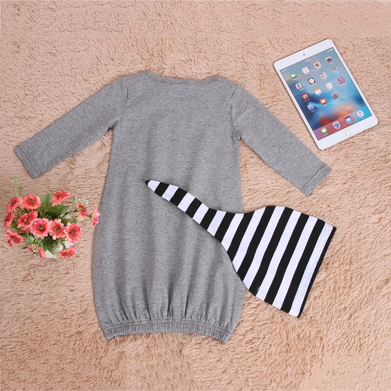 Baby Girl Boy Sleeper Newborn Baby Robes 2pcs Long Sleeve Cartoon Animal Cat Pattern Sleepwear + Stripe Hat Spring Autumn 3-6M